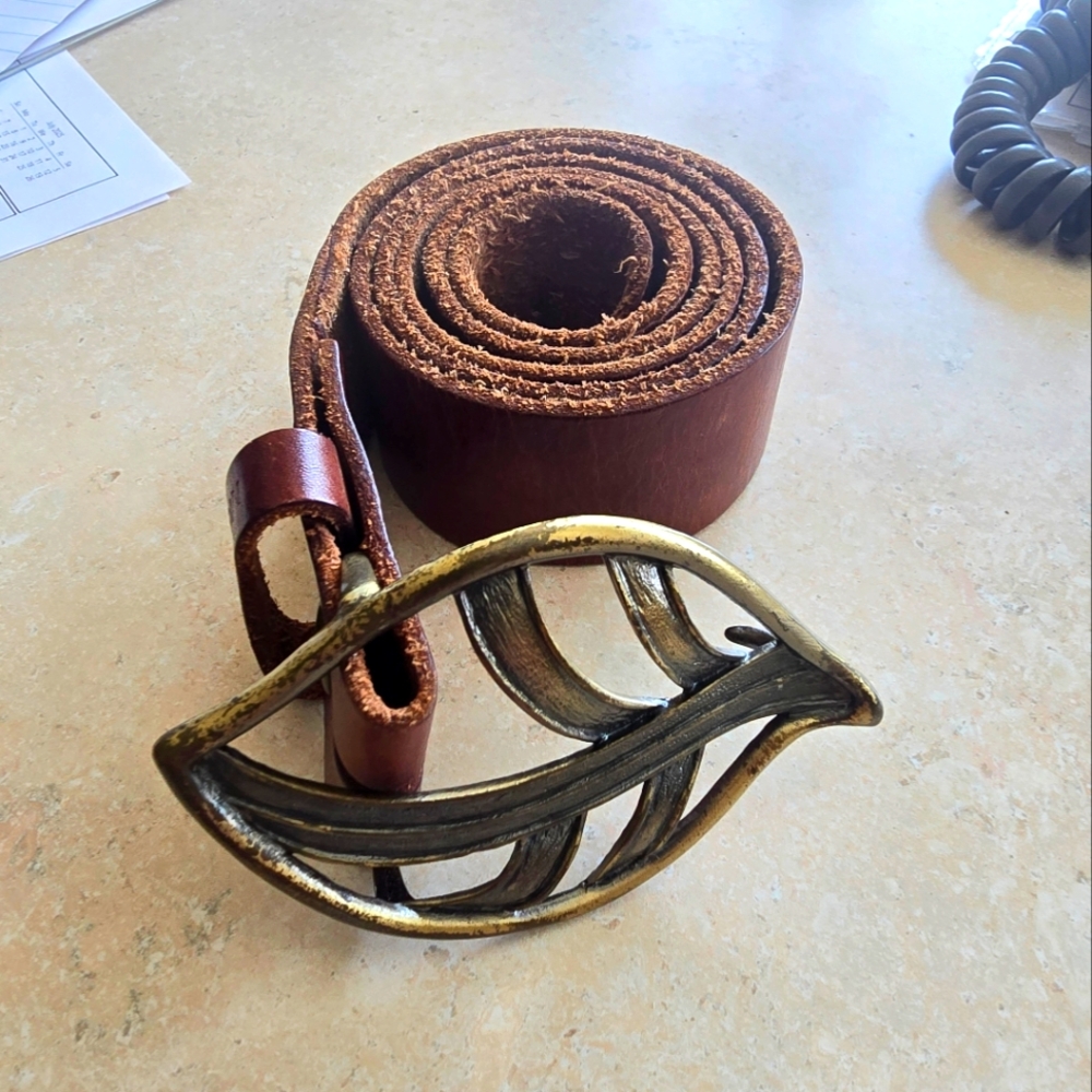 Martine Wester Brown Leather Belt with Gold Leaf Buckle